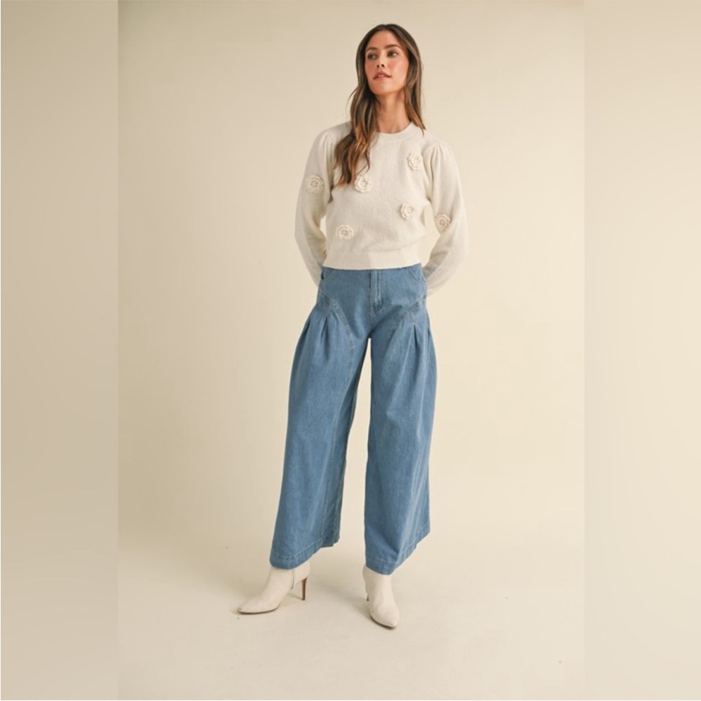 Mable Wide Leg Palazzo Jeans High Rise Pleated Denim Pants Boho Chic M NWT - Picture 3 of 11